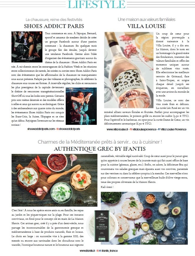 Page de magazine lifestyle mettant en avant un article consacré à Villa Louise.